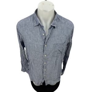 UNIQLO Large Men Premium Linen Striped Long Sleeve Button Up Shirt Blue B3